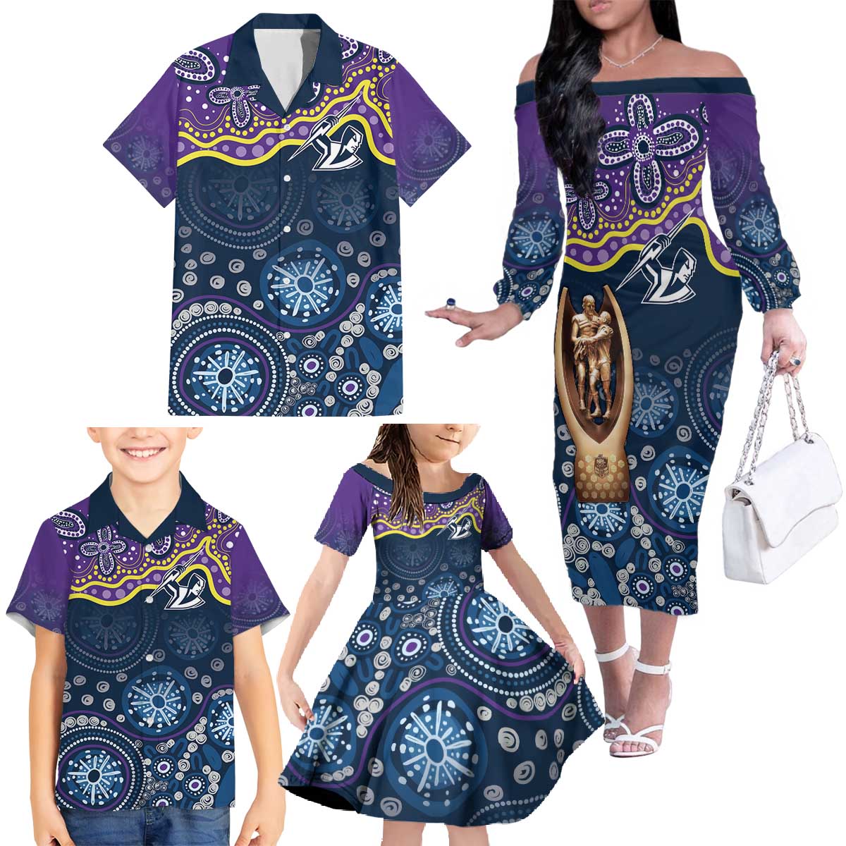 Melbourne Rugby NRL Custom Indigenous Family Matching Off The Shoulder Long Sleeve Dress and Hawaiian Shirt Raging Storms - Aussie Hoodie