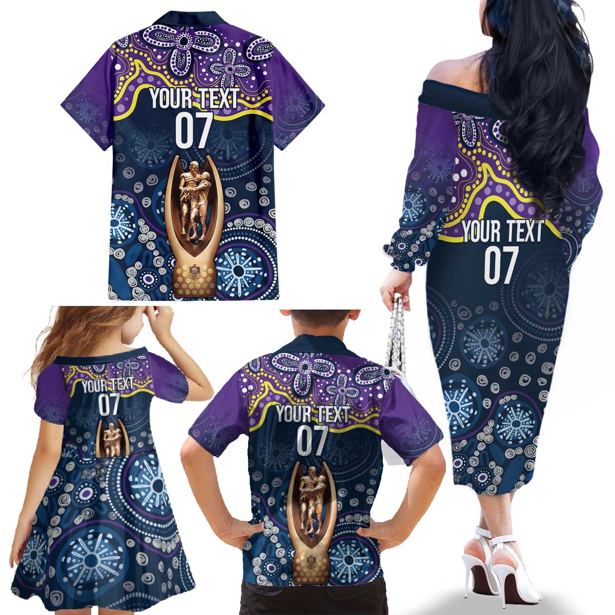 Melbourne Rugby NRL Custom Indigenous Family Matching Off The Shoulder Long Sleeve Dress and Hawaiian Shirt Raging Storms - Aussie Hoodie