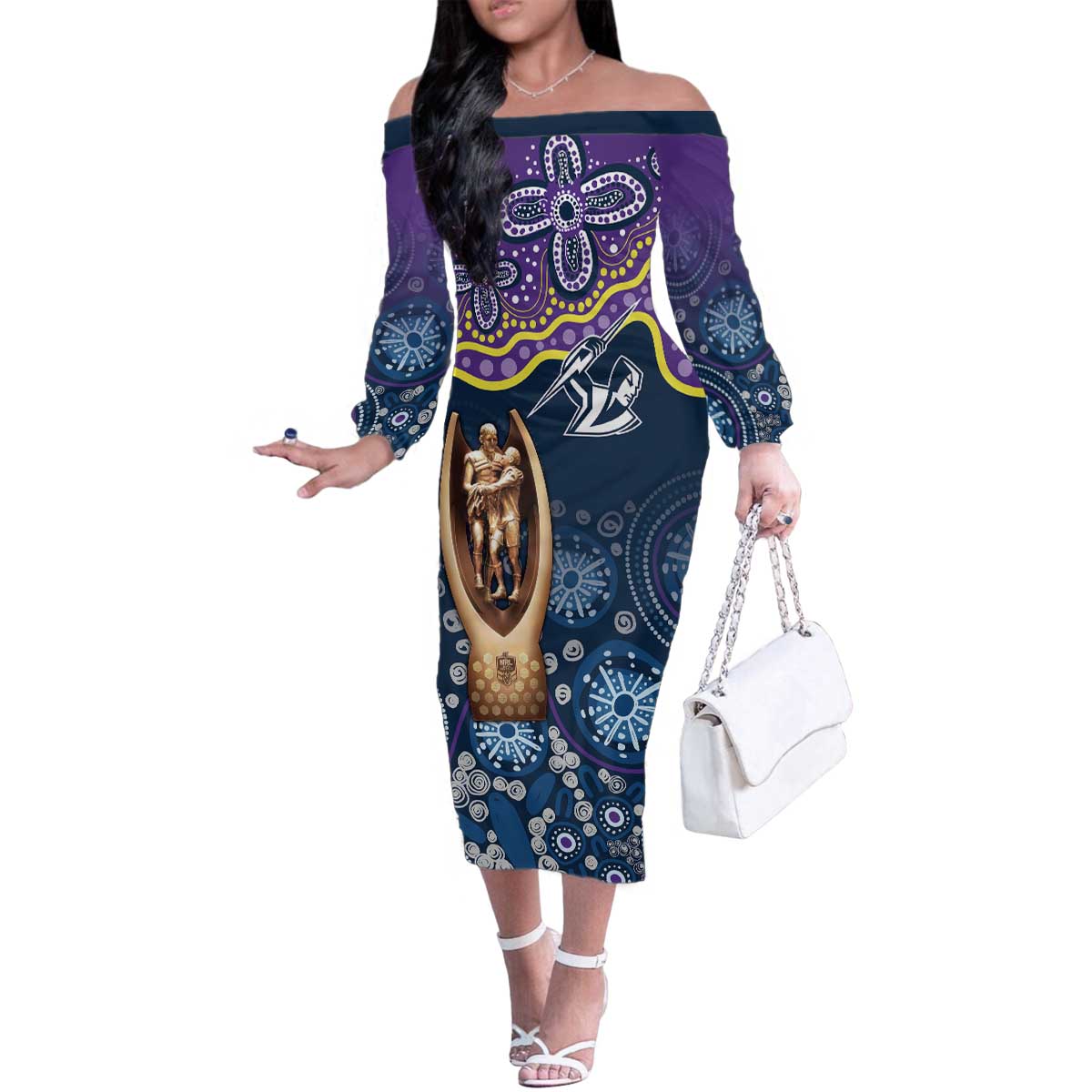 Melbourne Rugby NRL Custom Indigenous Family Matching Off The Shoulder Long Sleeve Dress and Hawaiian Shirt Raging Storms - Aussie Hoodie