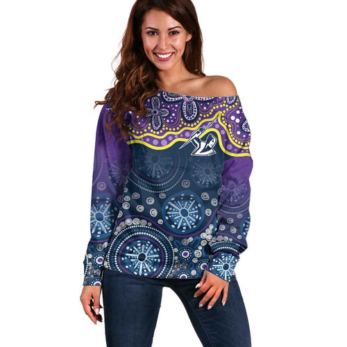 Melbourne Rugby NRL Custom Indigenous Off Shoulder Sweater Raging Storms - Aussie Hoodie