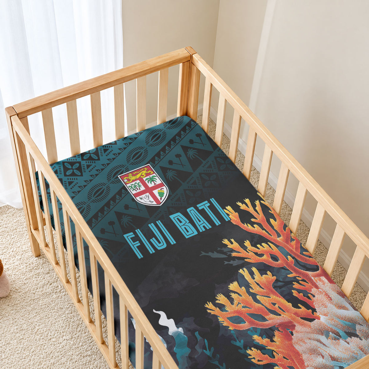 Fiji Bati Rugby Viti Masi Baby Bed Cover Coral Motifs