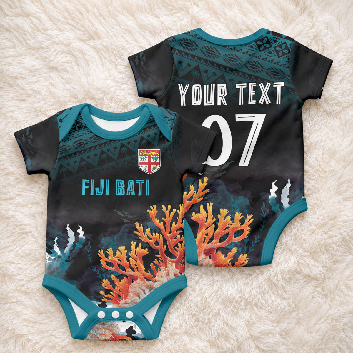 Fiji Bati Rugby Custom Viti Masi Baby Onesie Coral Motifs