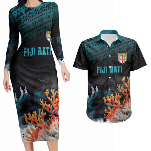 Fiji Bati Rugby Custom Viti Masi Couples Matching Long Sleeve Bodycon Dress and Hawaiian Shirt Coral Motifs