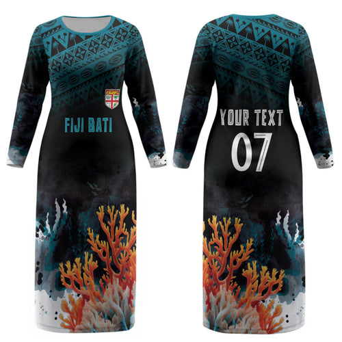 Fiji Bati Rugby Custom Viti Masi Couples Matching Long Sleeve Bodycon Dress and Hawaiian Shirt Coral Motifs