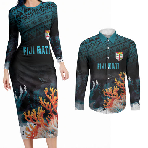 Fiji Bati Rugby Custom Viti Masi Couples Matching Long Sleeve Bodycon Dress and Long Sleeve Button Shirt Coral Motifs