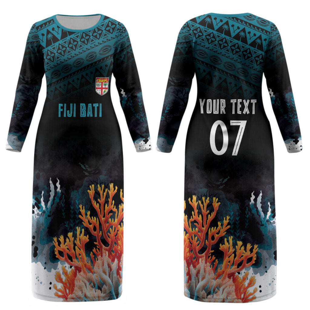 Fiji Bati Rugby Custom Viti Masi Couples Matching Long Sleeve Bodycon Dress and Long Sleeve Button Shirt Coral Motifs