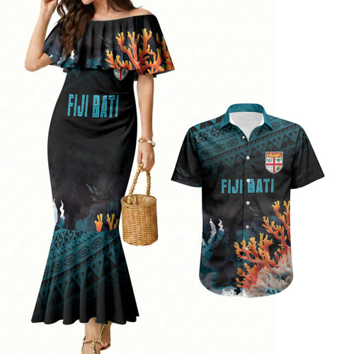 Fiji Bati Rugby Custom Viti Masi Couples Matching Mermaid Dress and Hawaiian Shirt Coral Motifs
