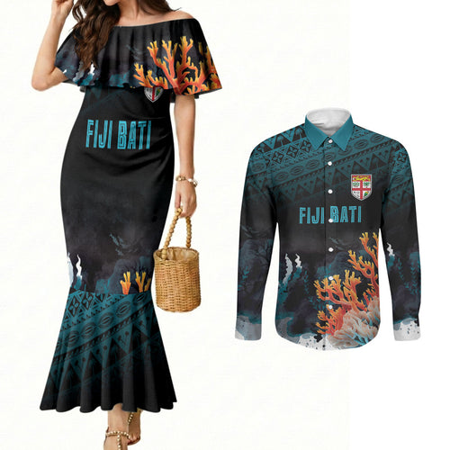 Fiji Bati Rugby Custom Viti Masi Couples Matching Mermaid Dress and Long Sleeve Button Shirt Coral Motifs