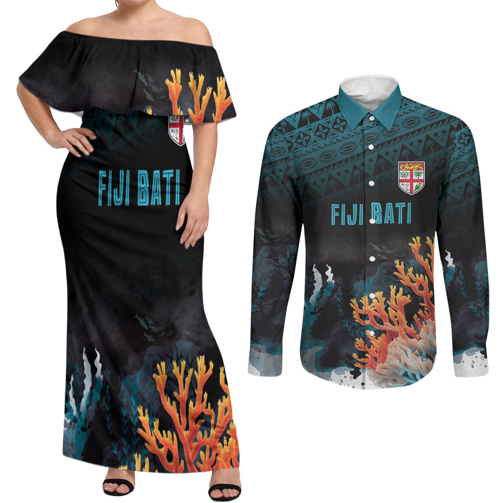 Fiji Bati Rugby Custom Viti Masi Couples Matching Off Shoulder Maxi Dress and Long Sleeve Button Shirt Coral Motifs