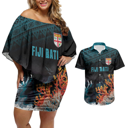 Fiji Bati Rugby Custom Viti Masi Couples Matching Off Shoulder Short Dress and Hawaiian Shirt Coral Motifs