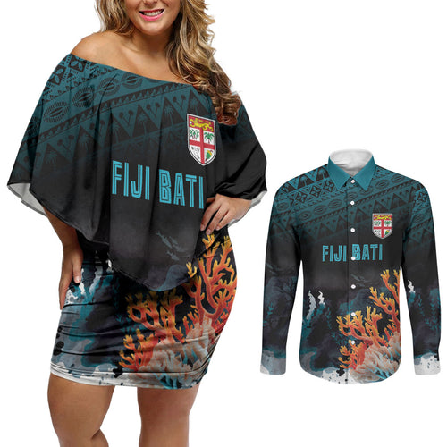 Fiji Bati Rugby Custom Viti Masi Couples Matching Off Shoulder Short Dress and Long Sleeve Button Shirt Coral Motifs