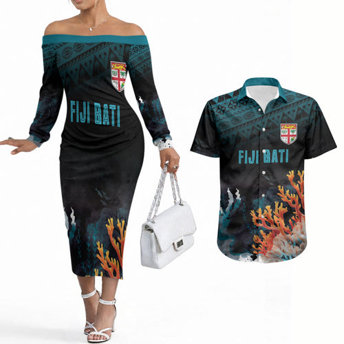 Fiji Bati Rugby Custom Viti Masi Couples Matching Off The Shoulder Long Sleeve Dress and Hawaiian Shirt Coral Motifs
