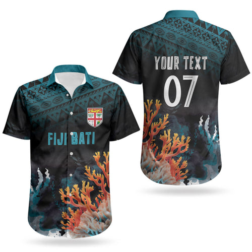 Fiji Bati Rugby Custom Viti Masi Couples Matching Off The Shoulder Long Sleeve Dress and Hawaiian Shirt Coral Motifs