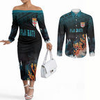 Fiji Bati Rugby Custom Viti Masi Couples Matching Off The Shoulder Long Sleeve Dress and Long Sleeve Button Shirt Coral Motifs