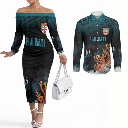 Fiji Bati Rugby Custom Viti Masi Couples Matching Off The Shoulder Long Sleeve Dress and Long Sleeve Button Shirt Coral Motifs