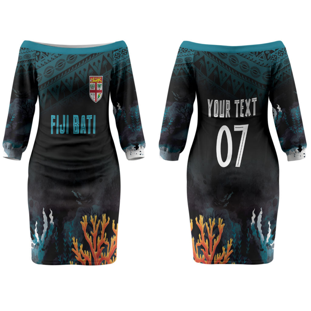 Fiji Bati Rugby Custom Viti Masi Couples Matching Off The Shoulder Long Sleeve Dress and Long Sleeve Button Shirt Coral Motifs