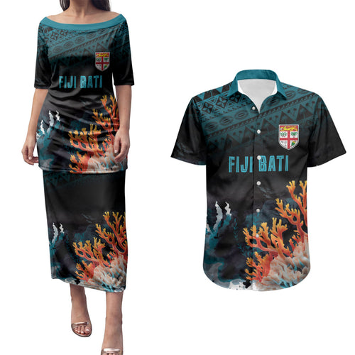 Fiji Bati Rugby Custom Viti Masi Couples Matching Puletasi and Hawaiian Shirt Coral Motifs