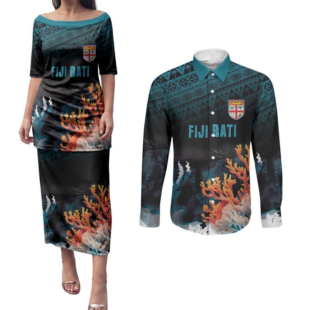 Fiji Bati Rugby Custom Viti Masi Couples Matching Puletasi and Long Sleeve Button Shirt Coral Motifs