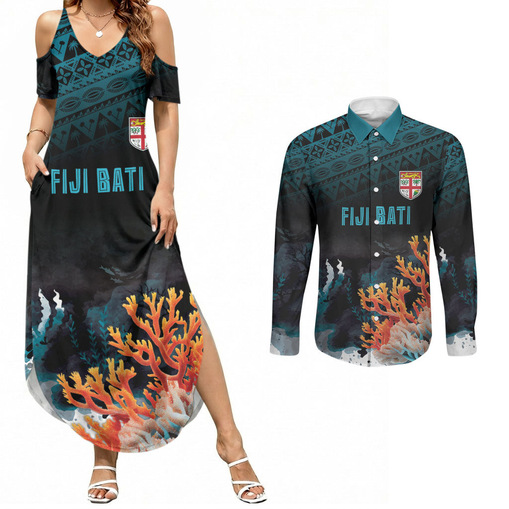 Fiji Bati Rugby Custom Viti Masi Couples Matching Summer Maxi Dress and Long Sleeve Button Shirt Coral Motifs
