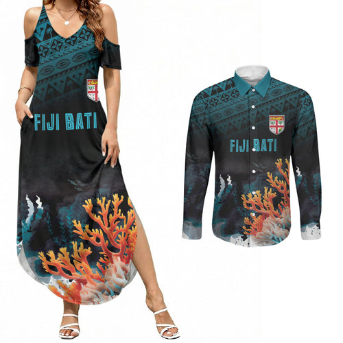 Fiji Bati Rugby Custom Viti Masi Couples Matching Summer Maxi Dress and Long Sleeve Button Shirt Coral Motifs