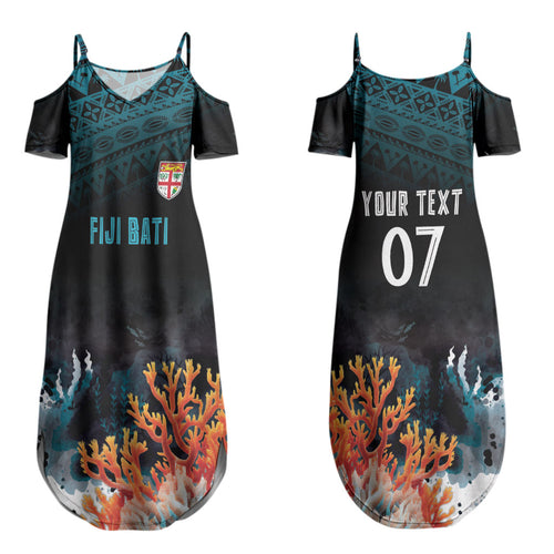 Fiji Bati Rugby Custom Viti Masi Couples Matching Summer Maxi Dress and Long Sleeve Button Shirt Coral Motifs