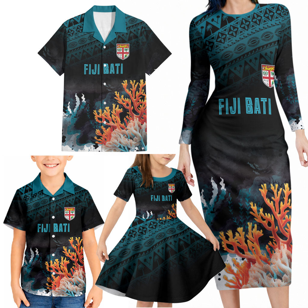 Fiji Bati Rugby Custom Viti Masi Family Matching Long Sleeve Bodycon Dress and Hawaiian Shirt Coral Motifs