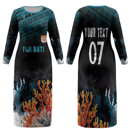 Fiji Bati Rugby Custom Viti Masi Family Matching Long Sleeve Bodycon Dress and Hawaiian Shirt Coral Motifs