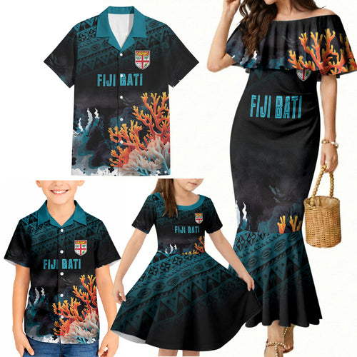 Fiji Bati Rugby Custom Viti Masi Family Matching Mermaid Dress and Hawaiian Shirt Coral Motifs