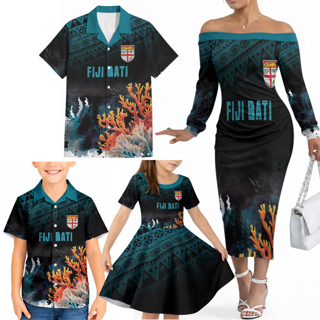Fiji Bati Rugby Custom Viti Masi Family Matching Off The Shoulder Long Sleeve Dress and Hawaiian Shirt Coral Motifs