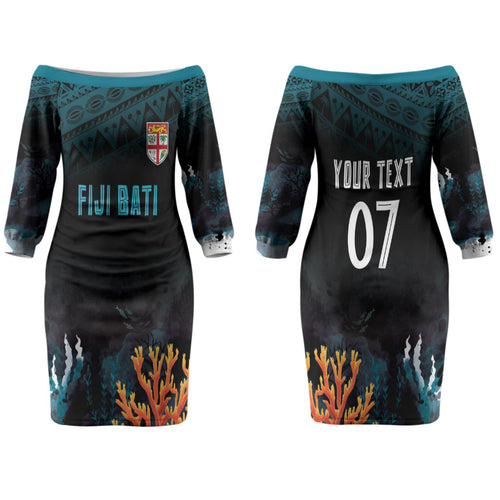 Fiji Bati Rugby Custom Viti Masi Family Matching Off The Shoulder Long Sleeve Dress and Hawaiian Shirt Coral Motifs