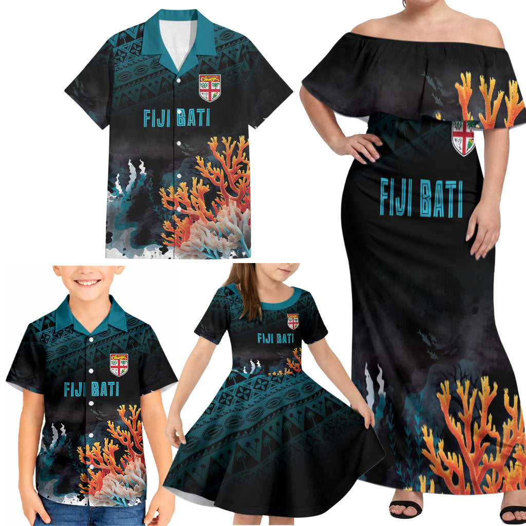 Fiji Bati Rugby Custom Viti Masi Family Matching Off Shoulder Maxi Dress and Hawaiian Shirt Coral Motifs