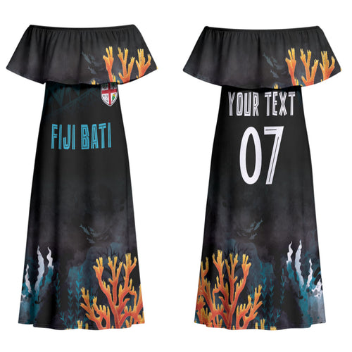 Fiji Bati Rugby Custom Viti Masi Family Matching Off Shoulder Maxi Dress and Hawaiian Shirt Coral Motifs