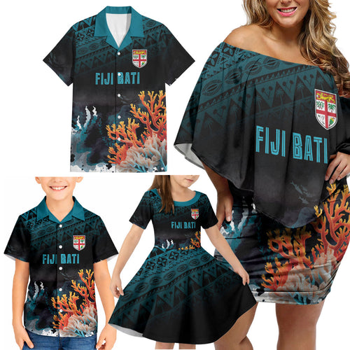 Fiji Bati Rugby Custom Viti Masi Family Matching Off Shoulder Short Dress and Hawaiian Shirt Coral Motifs