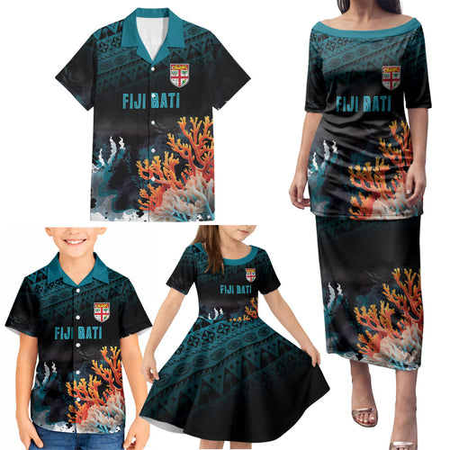 Fiji Bati Rugby Custom Viti Masi Family Matching Puletasi and Hawaiian Shirt Coral Motifs