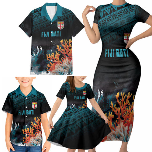 Fiji Bati Rugby Custom Viti Masi Family Matching Short Sleeve Bodycon Dress and Hawaiian Shirt Coral Motifs