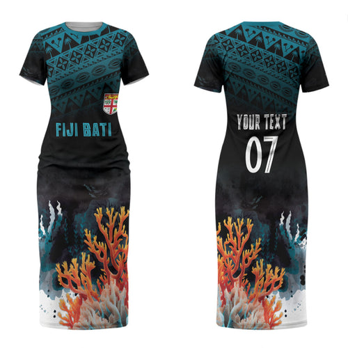 Fiji Bati Rugby Custom Viti Masi Family Matching Short Sleeve Bodycon Dress and Hawaiian Shirt Coral Motifs