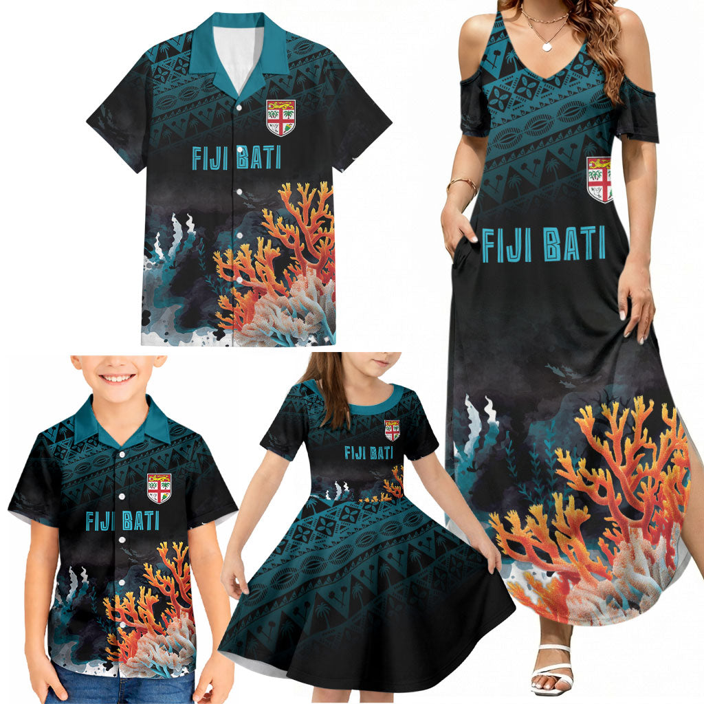 Fiji Bati Rugby Custom Viti Masi Family Matching Summer Maxi Dress and Hawaiian Shirt Coral Motifs