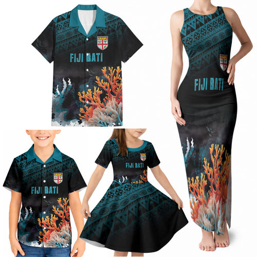 Fiji Bati Rugby Custom Viti Masi Family Matching Tank Maxi Dress and Hawaiian Shirt Coral Motifs