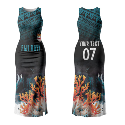 Fiji Bati Rugby Custom Viti Masi Family Matching Tank Maxi Dress and Hawaiian Shirt Coral Motifs