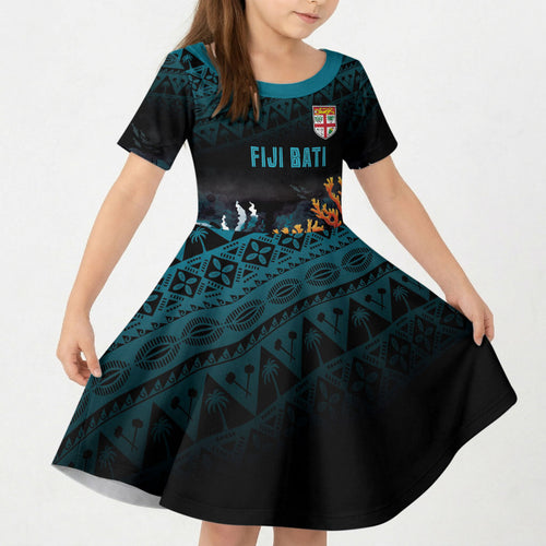 Fiji Bati Rugby Custom Viti Masi Kid Short Sleeve Dress Coral Motifs