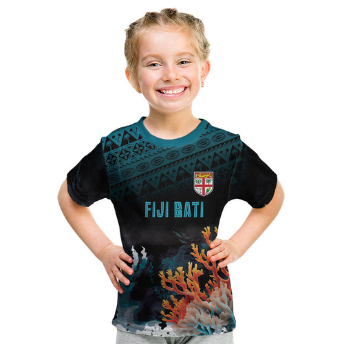 Fiji Bati Rugby Custom Viti Masi Kid T Shirt Coral Motifs