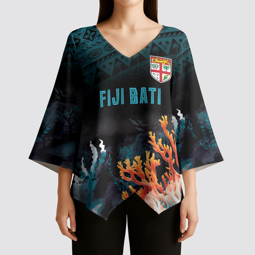 Fiji Bati Rugby Custom Viti Masi Kimono Sleeve Blouse Coral Motifs