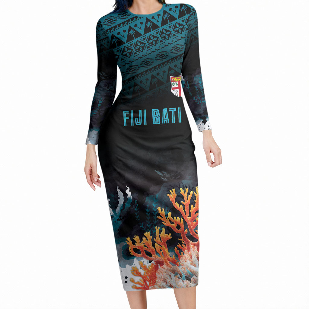 Fiji Bati Rugby Custom Viti Masi Long Sleeve Bodycon Dress Coral Motifs