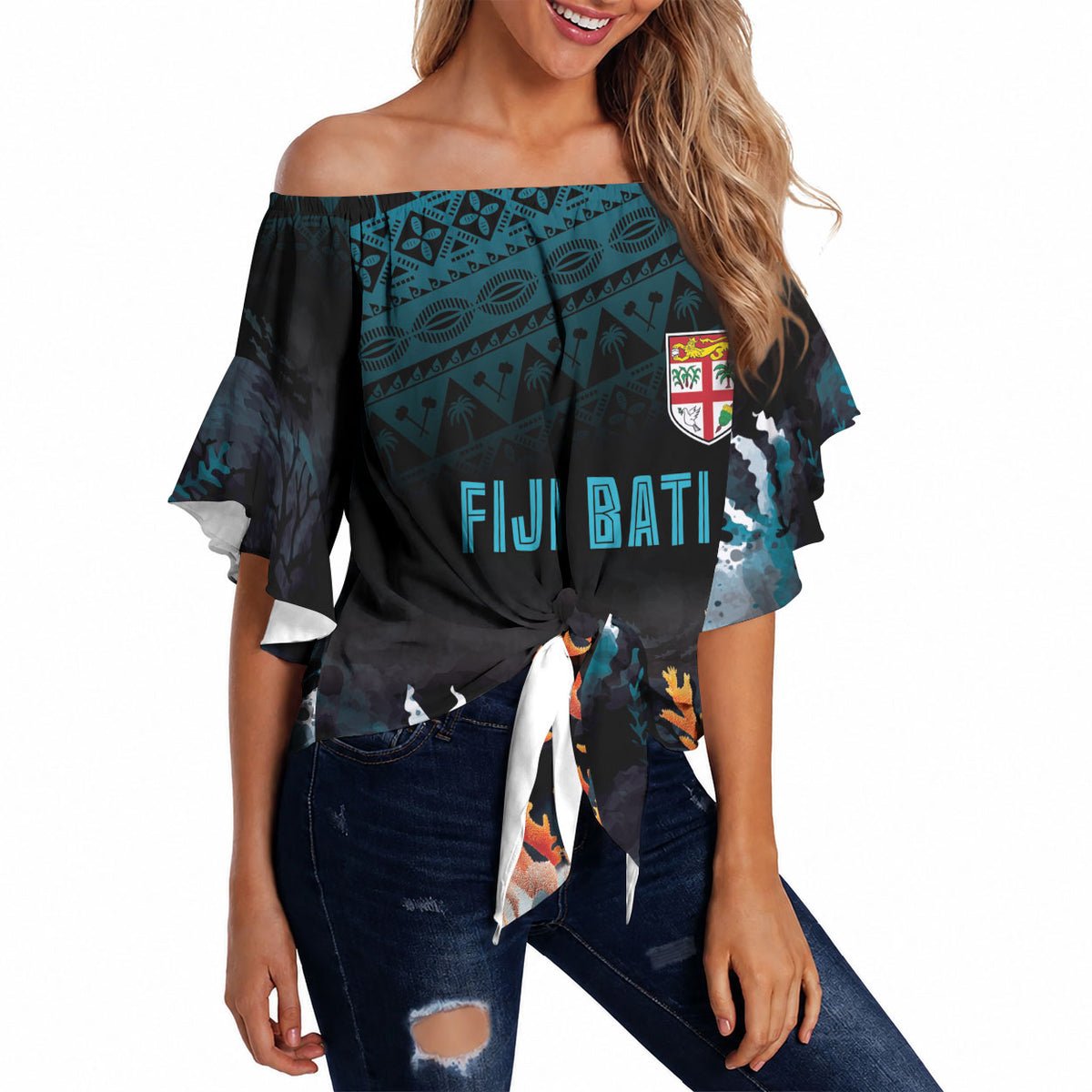 Fiji Bati Rugby Custom Viti Masi Off Shoulder Wrap Waist Top Coral Motifs