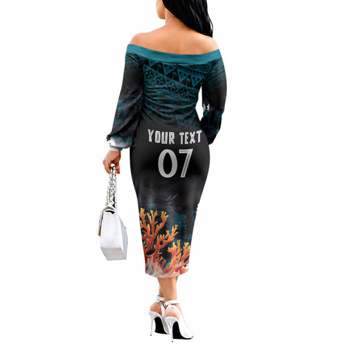 Fiji Bati Rugby Custom Viti Masi Off The Shoulder Long Sleeve Dress Coral Motifs