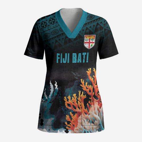 Fiji Bati Rugby Custom Viti Masi Scrub Top Coral Motifs