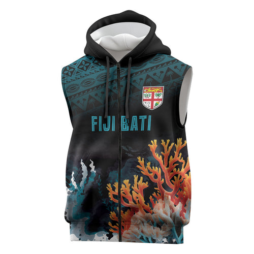 Fiji Bati Rugby Custom Viti Masi Sleeveless Zip Hoodie Coral Motifs