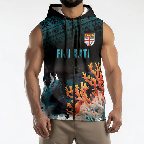 Fiji Bati Rugby Custom Viti Masi Sleeveless Zip Hoodie Coral Motifs