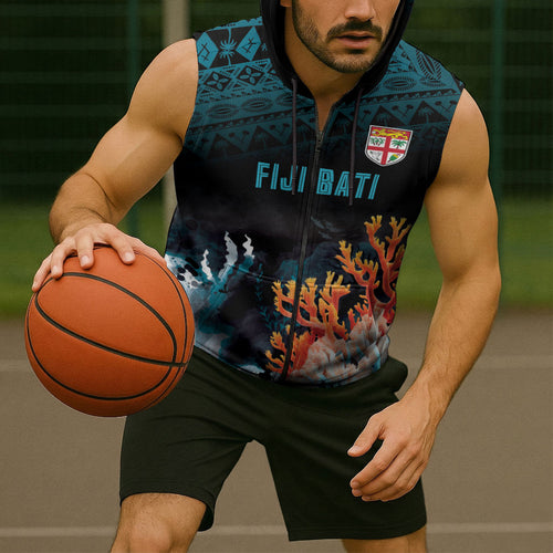 Fiji Bati Rugby Custom Viti Masi Sleeveless Zip Hoodie Coral Motifs