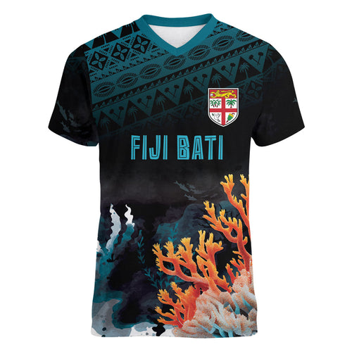 Fiji Bati Rugby Custom Viti Masi Women V-Neck T-Shirt Coral Motifs